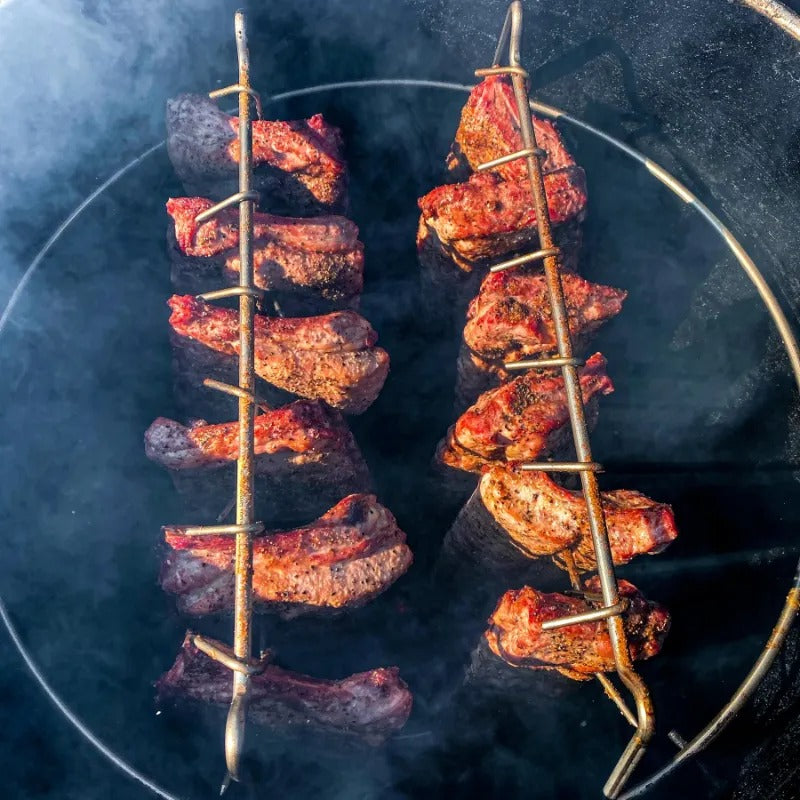 Ribs hanging on Gateway smoker rib hanger