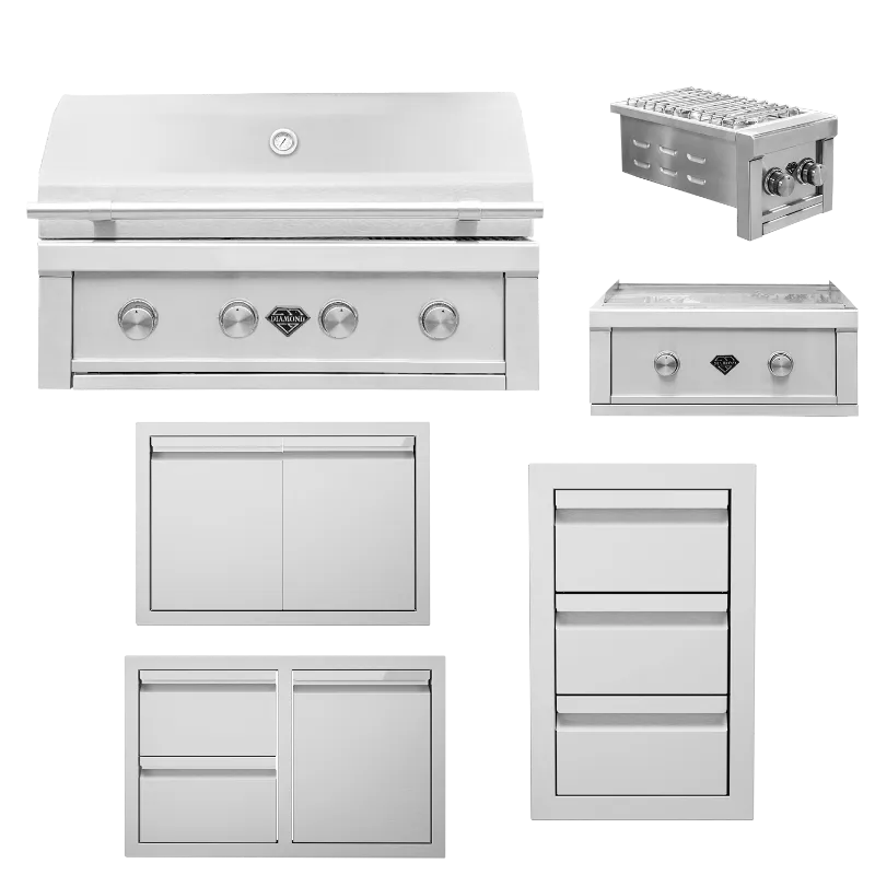 The Outdoor Plus Diamond Signature Outdoor Kitchen with 36" Diamond grill, 30" Diamond griddle and double side burner.