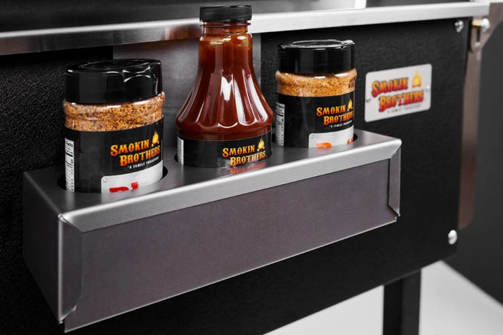 Smokin Brothers Sauce and rub holder full of bottles