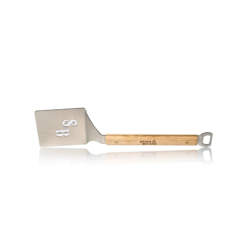 Smokin Brothers burger flipper wooden handle with a bottle opener.