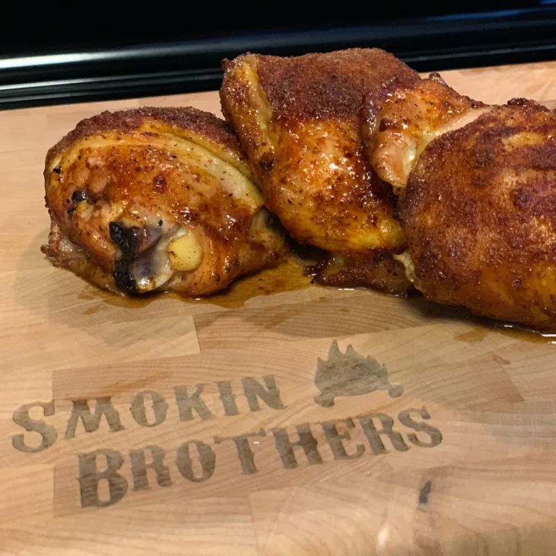 Smokin Brothers maple cutting board BBQ chicken