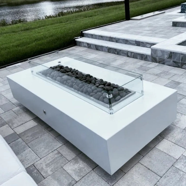 The Outdoor Plus Coronado fire pit 48 inch Powder Coated Steel in White with Glass Wind Guard