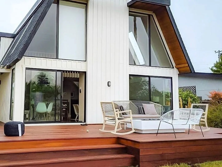The Outdoor Plus Coronado fire pit white on A-frame patio