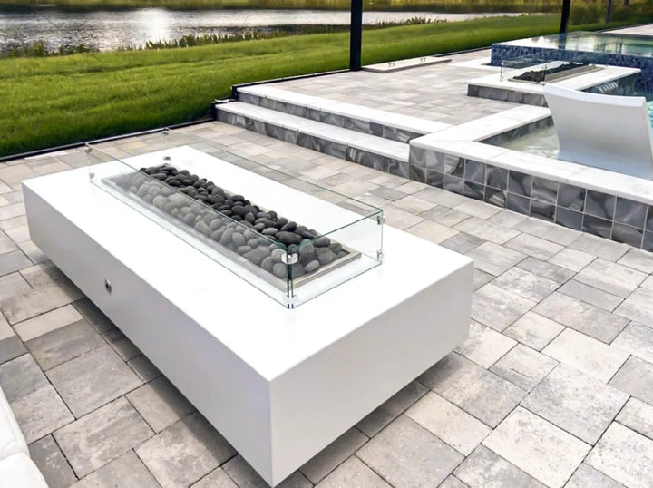 The Outdoor Plus Del Mar fire pit limestone 60 inch by pool