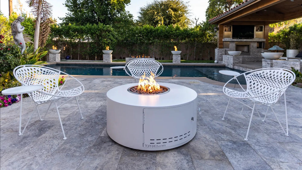 The Outdoor Plus Isla fire pit white powder coat patio chairs