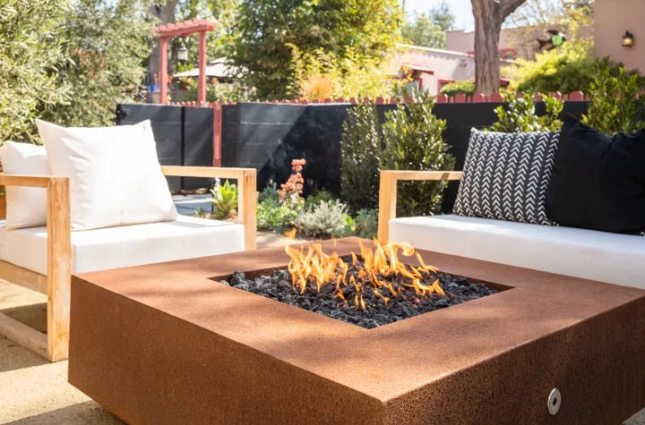 The Outdoor Plus Quad fire pit corten steel patio close