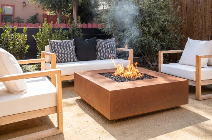 The Outdoor Plus Quad fire pit corten steel patio sunshine