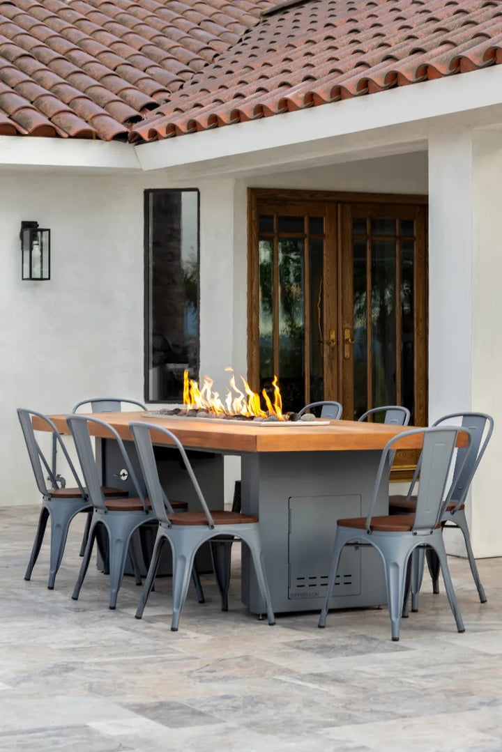 A Wood Top Alameda Fire Pit showing seating for 8 people.