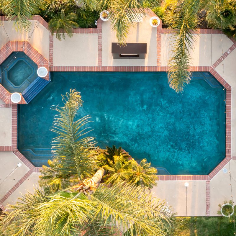 The Outdoor Plus Williams Fireplace pool view high up