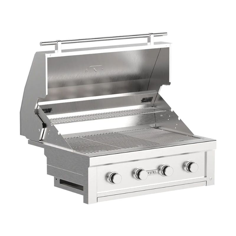 Stainless steel grill with three control knobs on a white background
