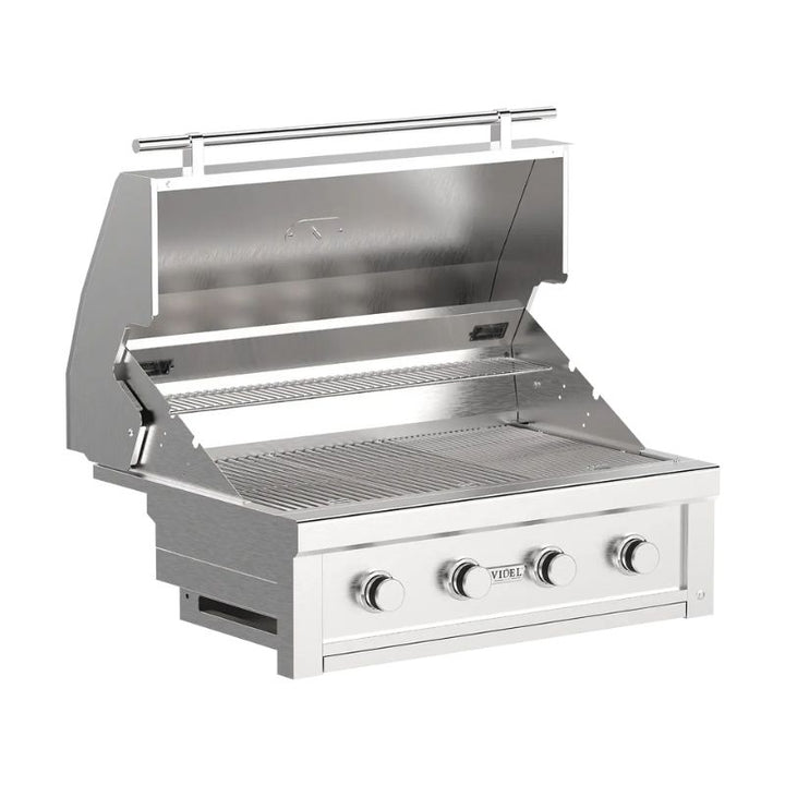 Stainless steel grill with three control knobs on a white background