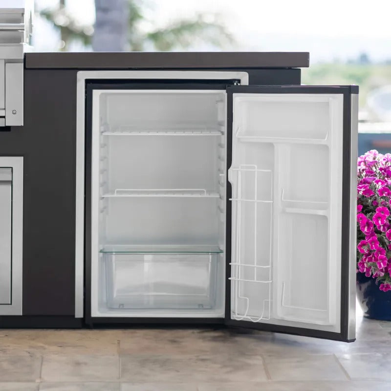 The door of a Videl Grills fridge open showing the racks and accessories inside.