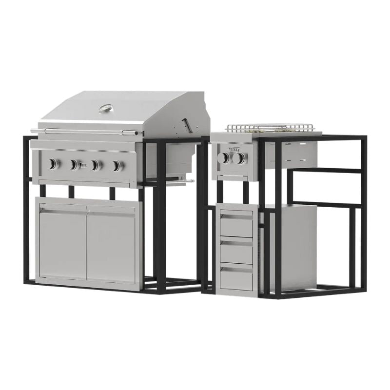 Outdoor grill and storage unit with black frame and silver grills on a white background