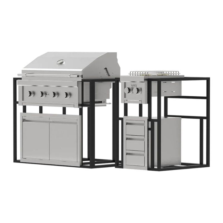 Outdoor grill and storage unit with black frame and silver grills on a white background