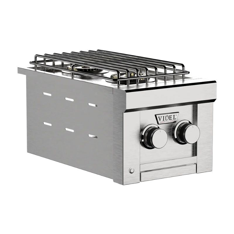Stainless steel grill with two knobs on a white background, featuring the Videl brand.
