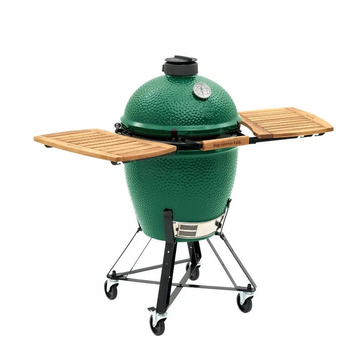 big green egg large with acacia mates side
