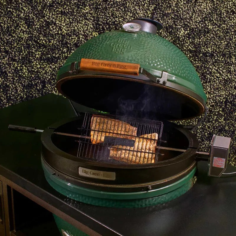 big green egg rotisserie kit roasting with flat basket