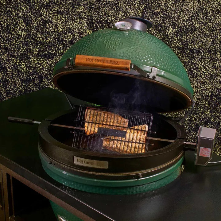 big green egg rotisserie kit roasting with flat basket