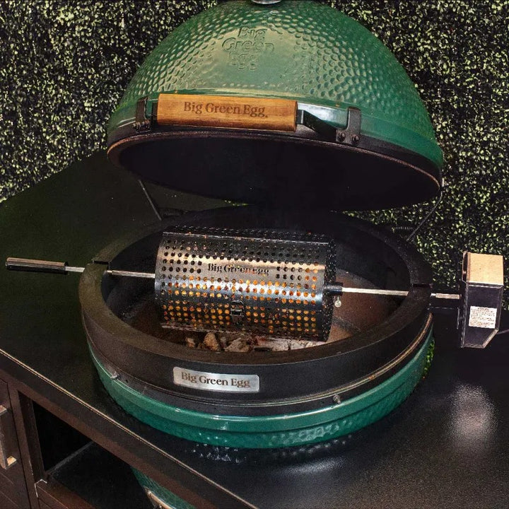 big green egg rotisserie kit roasting with tumbler basket