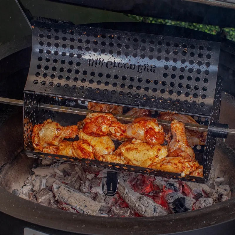 big green egg rotisserie kit tumbler basket chicken
