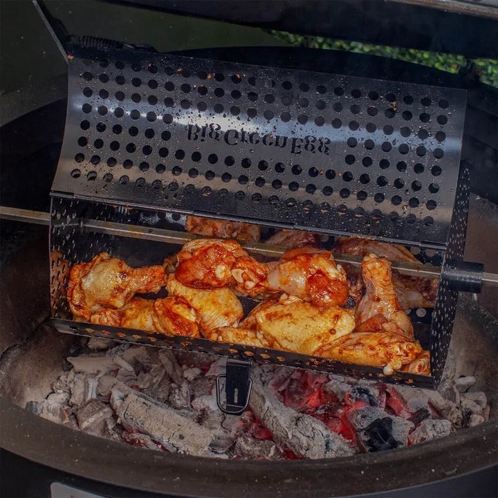 big green egg rotisserie kit tumbler basket chicken